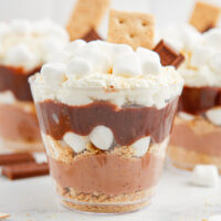 Layers of pudding, marshmallow, whipped topping, and graham crackers.