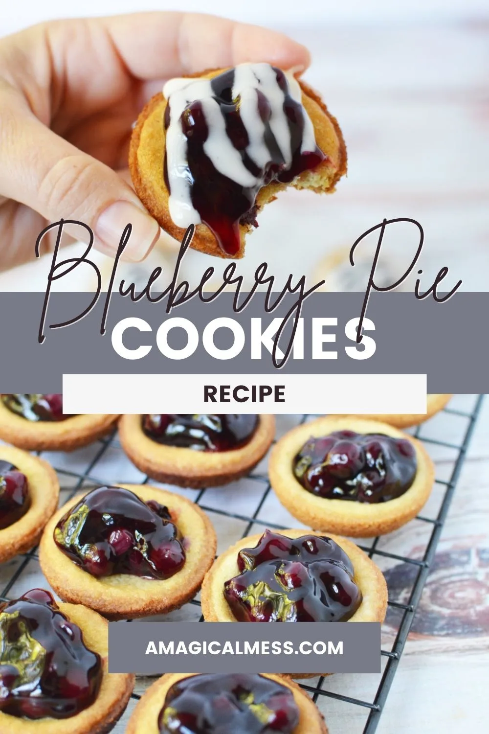 Holding a blueberry pie cookie with glaze and the rest of them on a cooling rack.