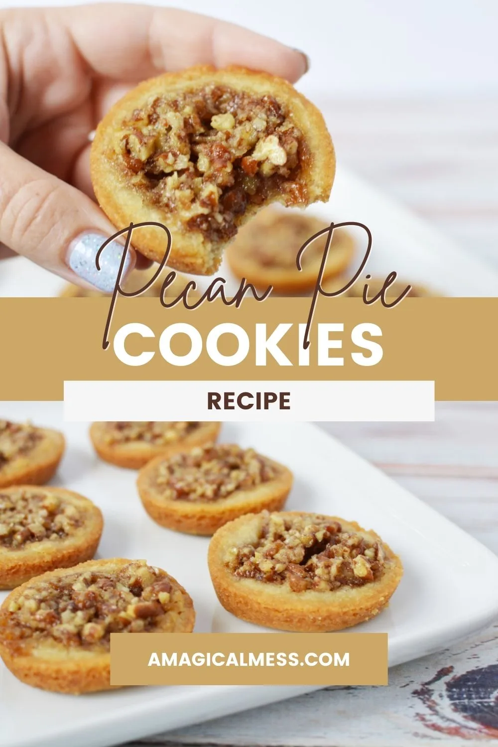 Holding a pecan pie sugar cookie with the rest of them on a plate below. 