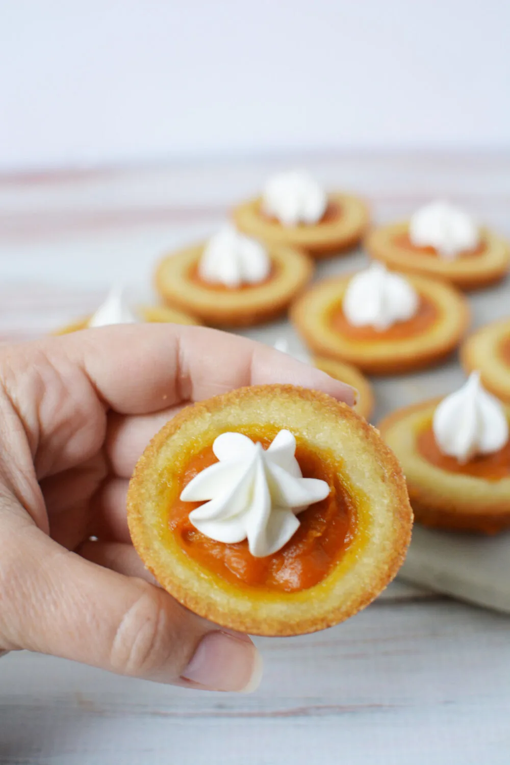 Holding a pumpkin pie cookie with the rest in the background.