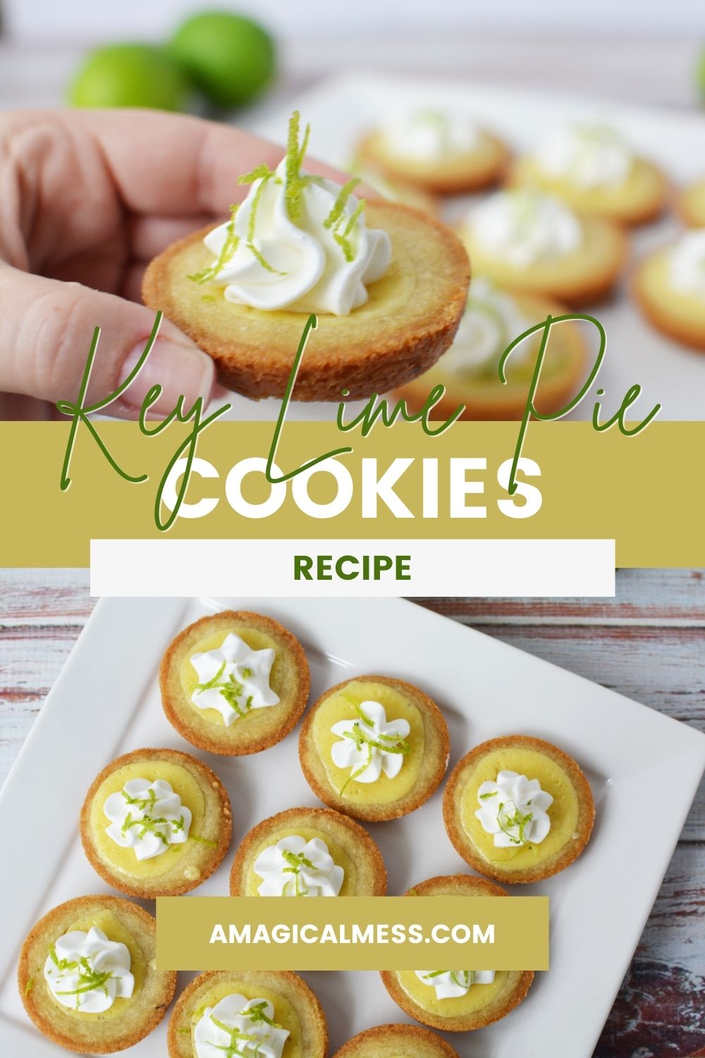 Holding a key lime pie cookie and a tray of them below.