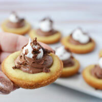 Holding a French silk pie cookie topped with whipped cream.