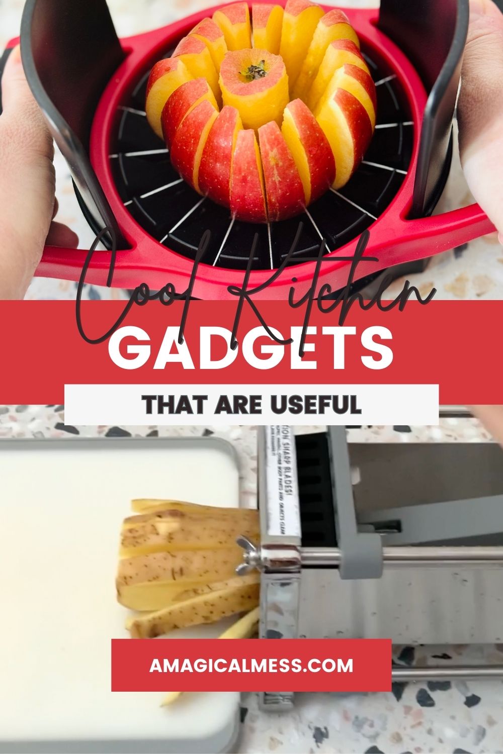 Cutting and apple with an apple slicer and using a fry cutter.