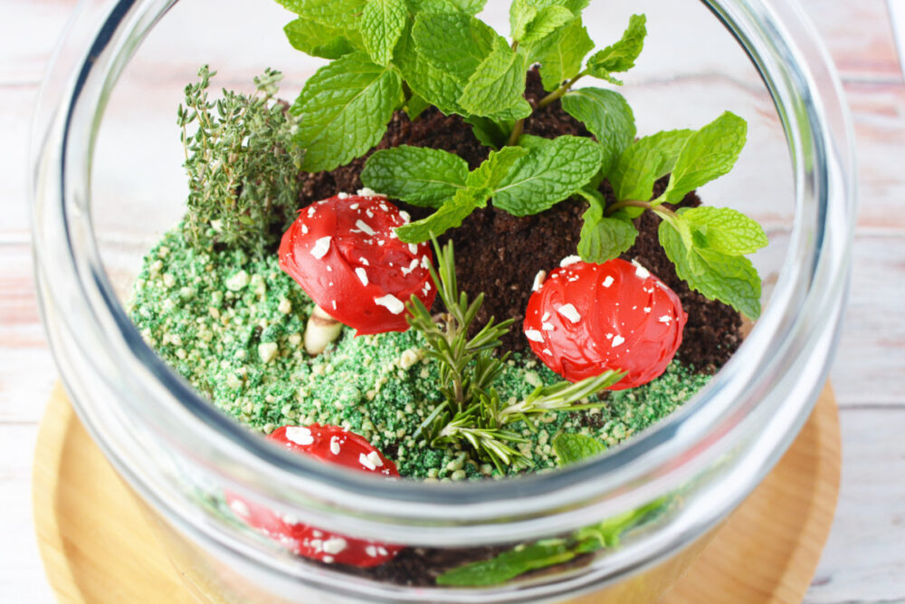 A jar with edible plants and mushrooms.
