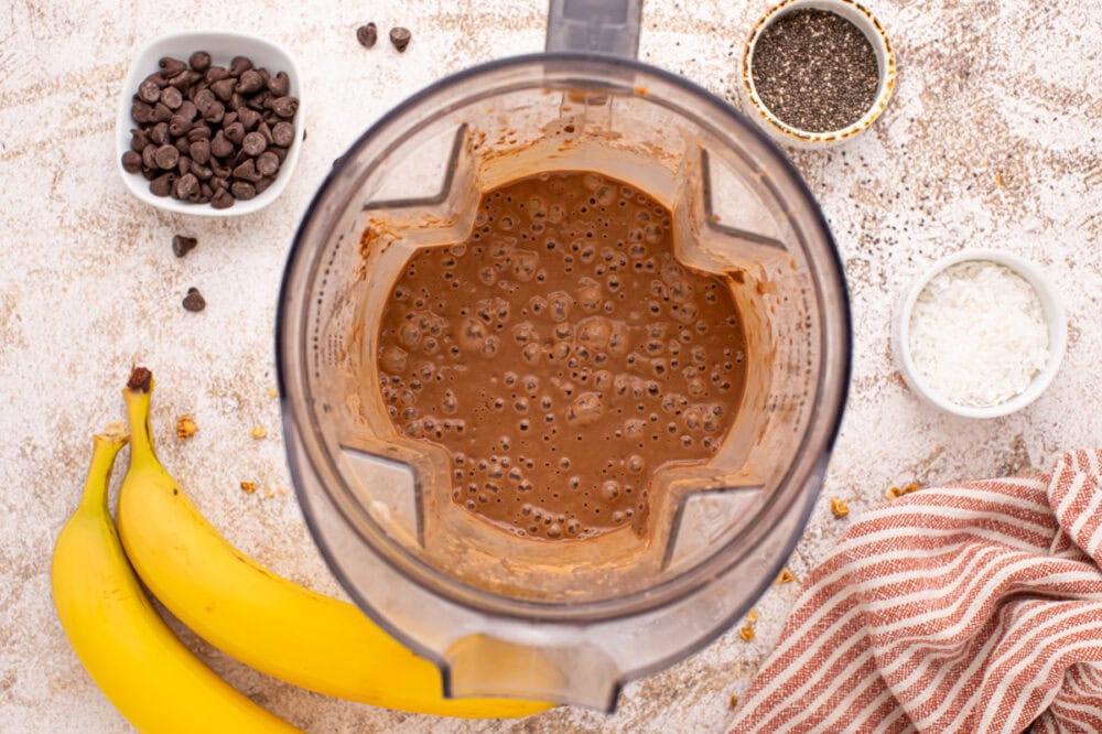 Blended chocolate smoothie in a blender. 