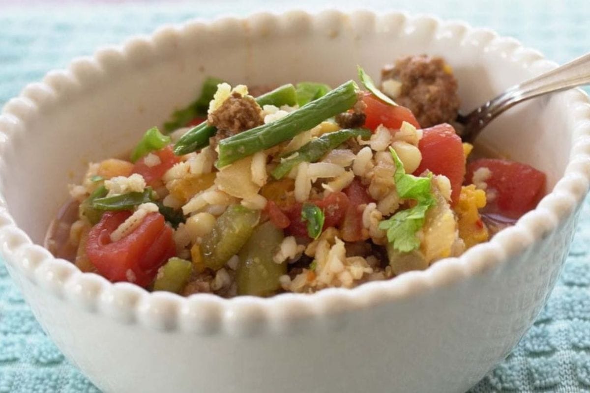 Hamburger veggie soup in a bowl. 