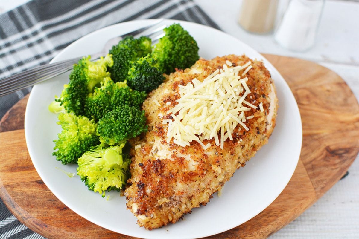 Parmesan-crusted chicken and broccoli.