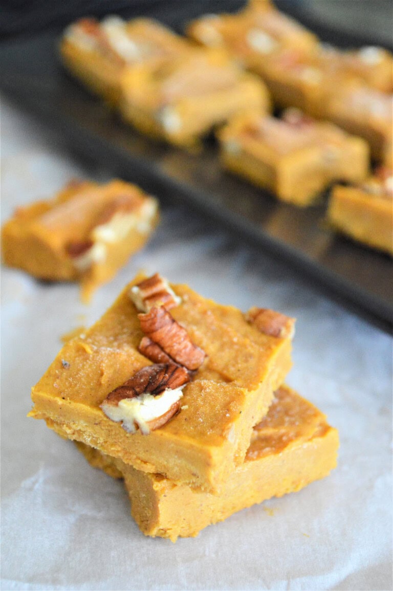 Slices of peanut butter pumpkin fudge.