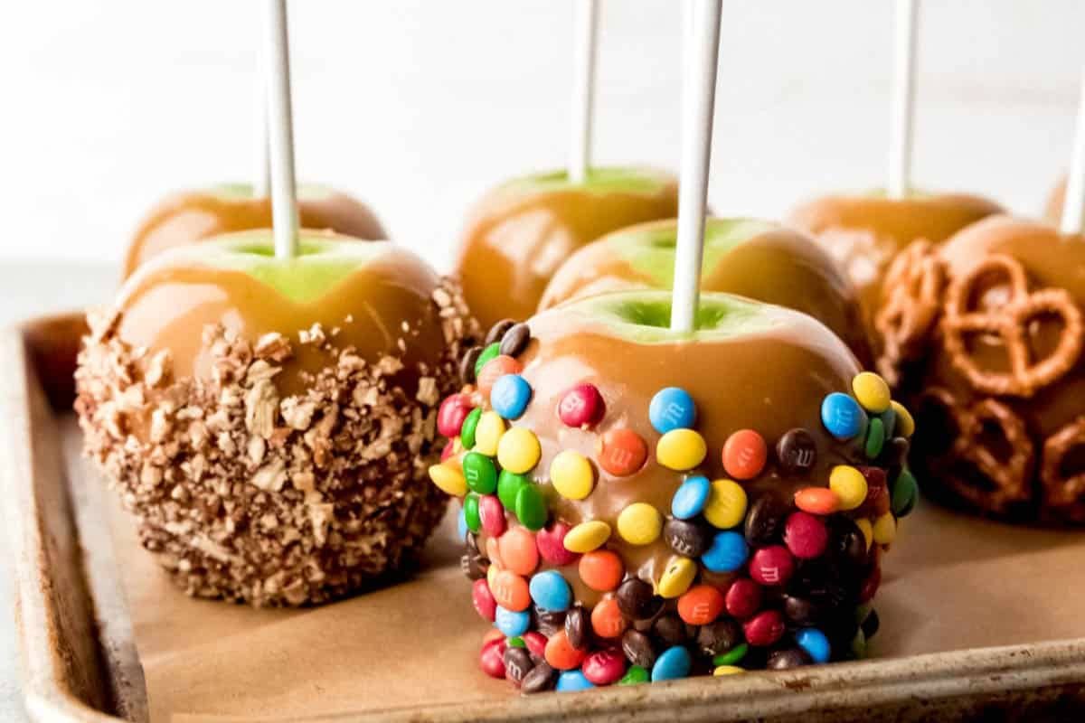 Candy apples with gourmet toppings. 