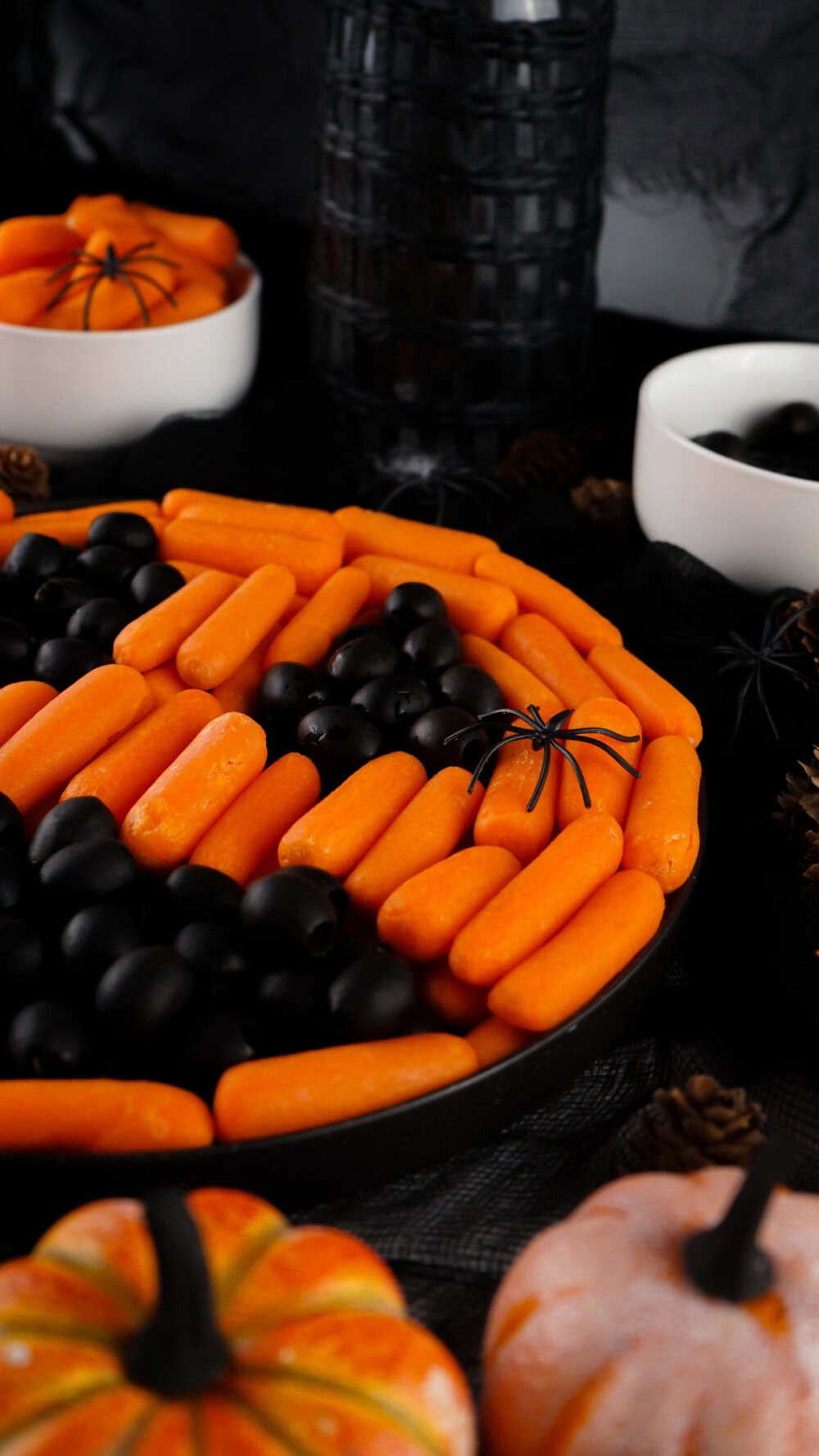 Carrot and olive tray that looks like a pumpkin. 