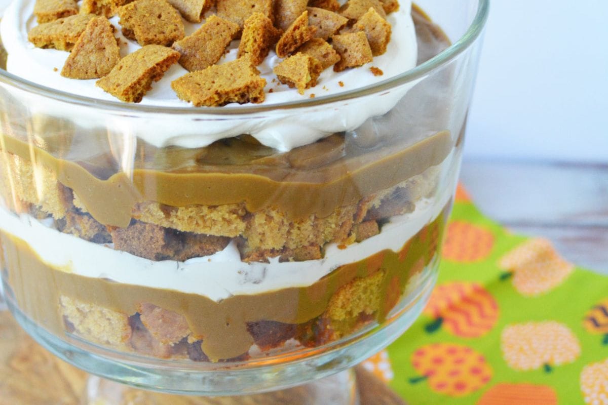 Pumpkin spice latte trifle in a trifle bowl. 