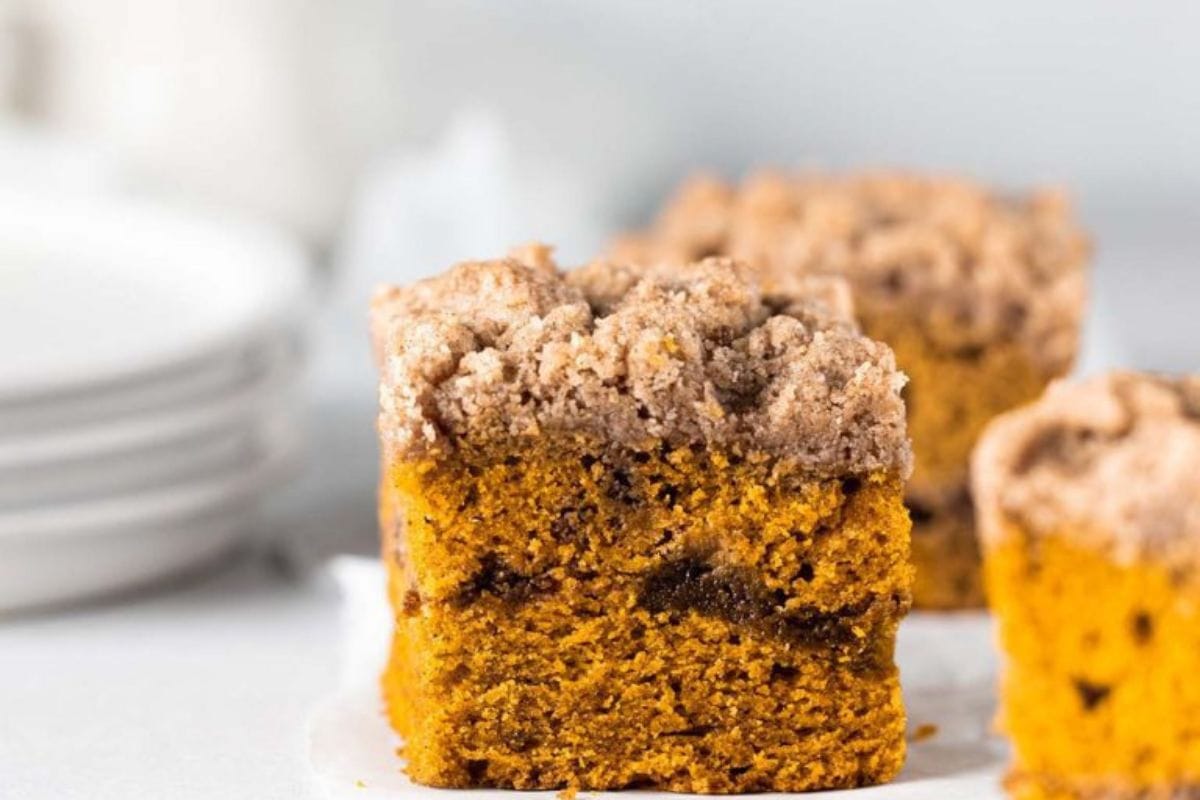 Slice of pumpkin coffee cake. 