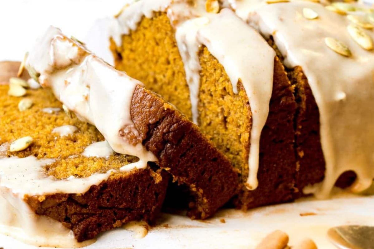 Slices of sour cream pumpkin bread. 