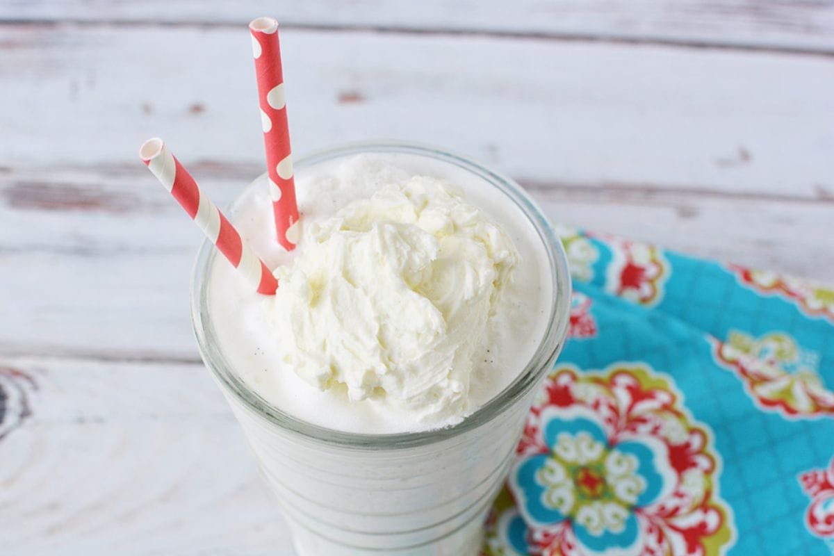 Vanilla bean frappe topped with whipped cream. 