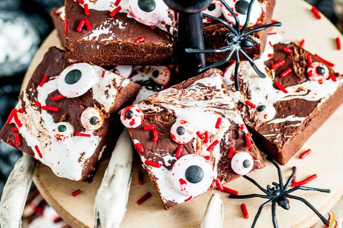 Fudge with candy eyes and red frosting. 