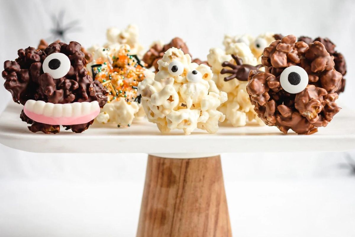 Halloween popcorn balls on a platter. 