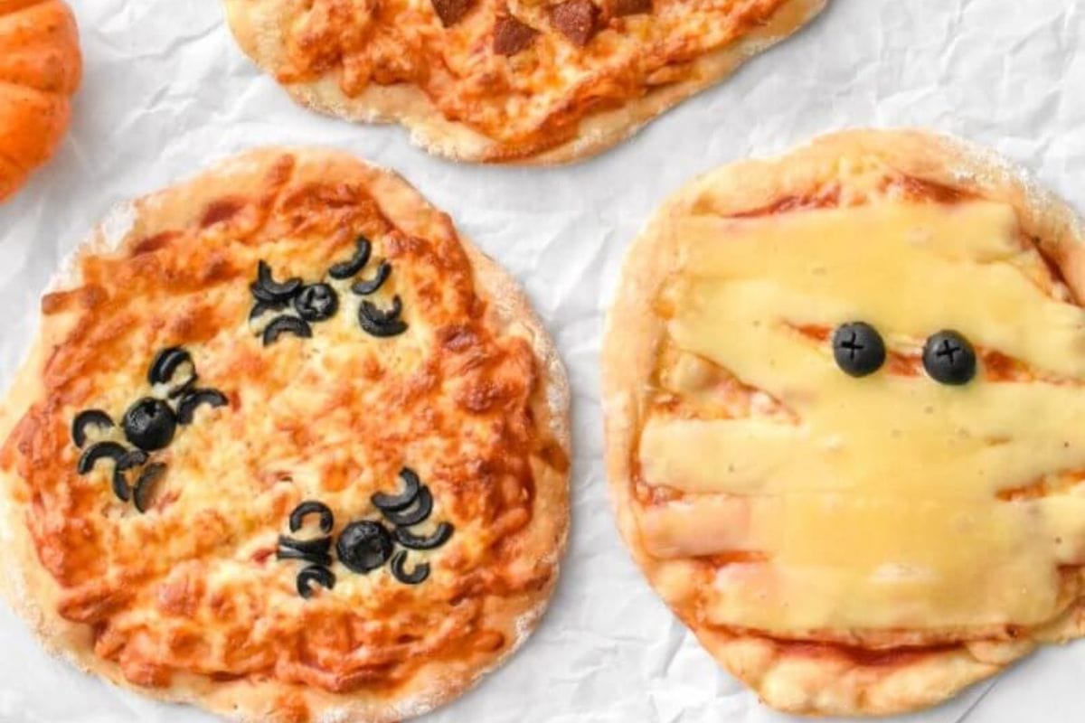 Little pizza decorated for Halloween.