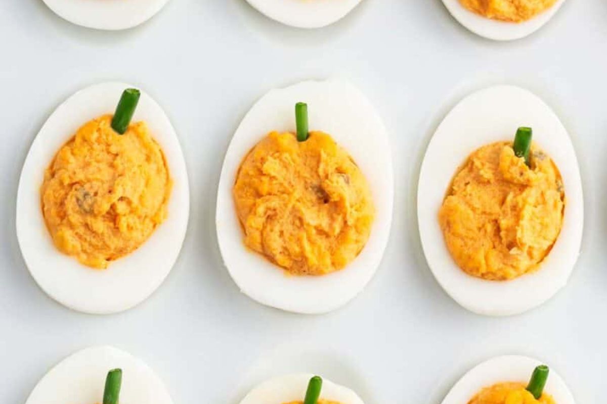 Deviled eggs that look like pumpkins. 