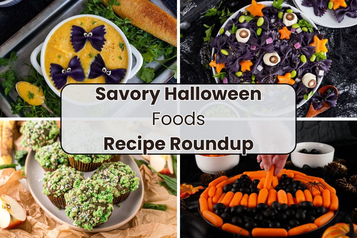 Collage of savory Halloween foods.