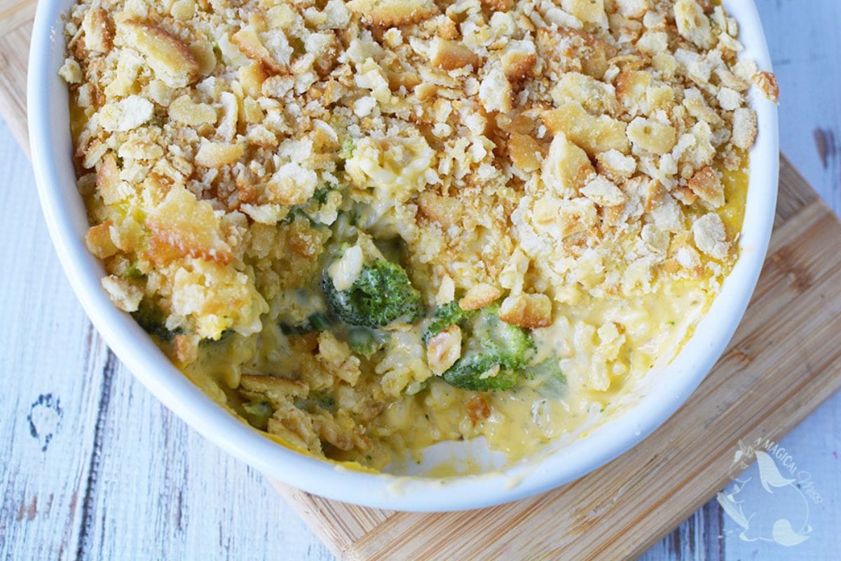 Broccoli cheese casserole topped with ritz crackers. 