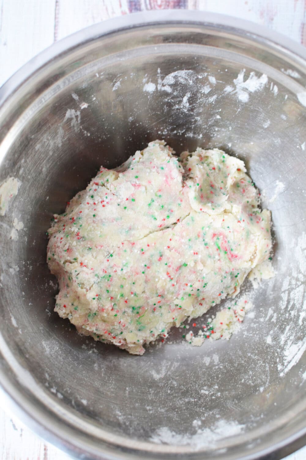 Kneaded cookie dough in a mixing bowl. 