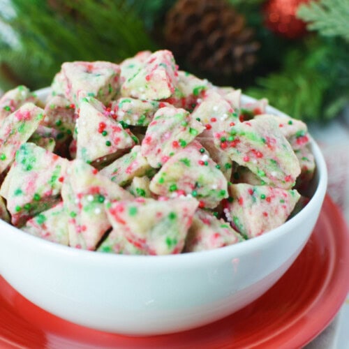 Bowl full of elf bites shortbread cookies.