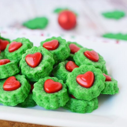 Tray full of Grinch shortbread bites.