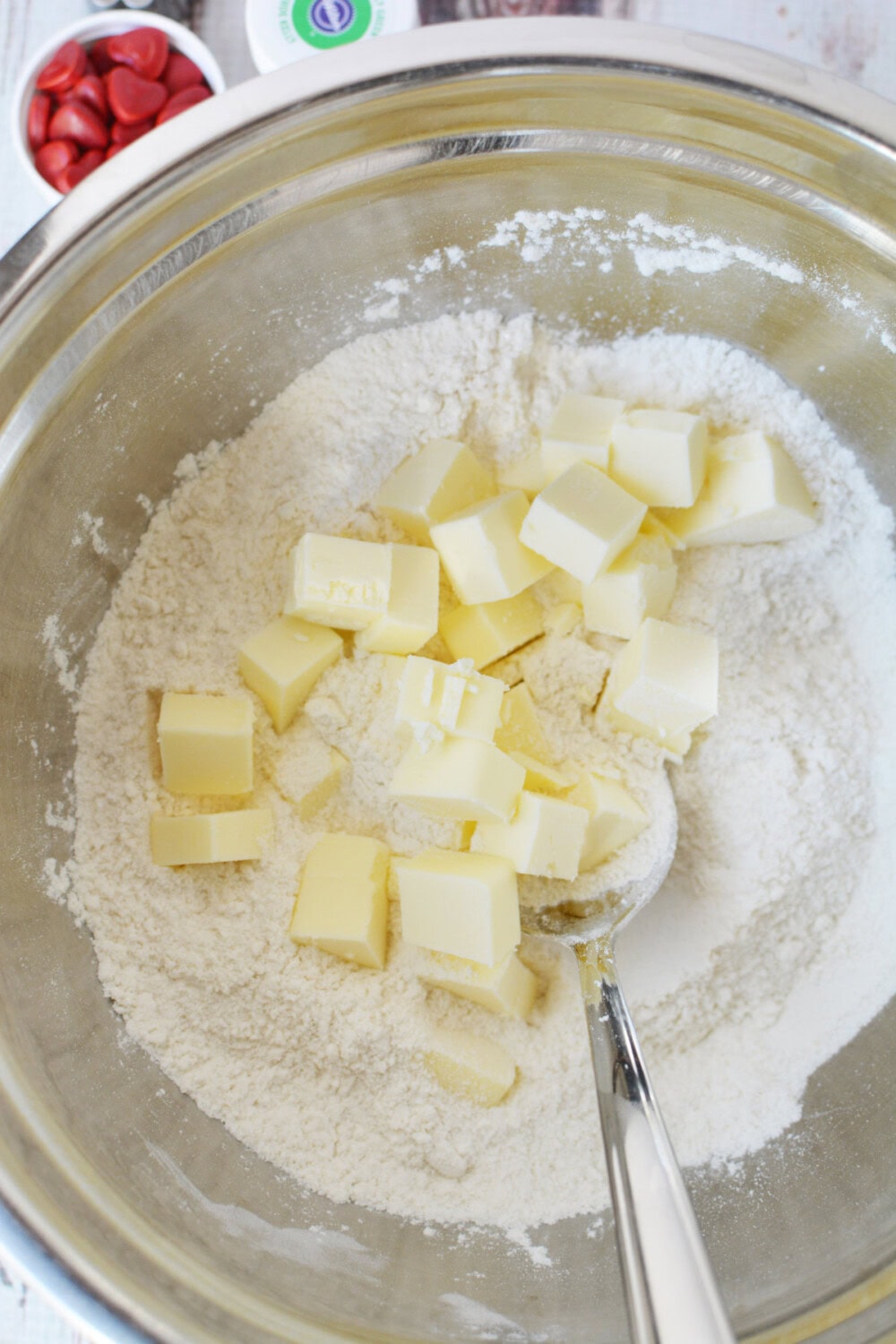 Butter chunks in flour mixture. 