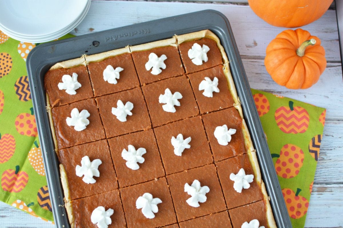 Baking sheet full of pumpkin slab pie.