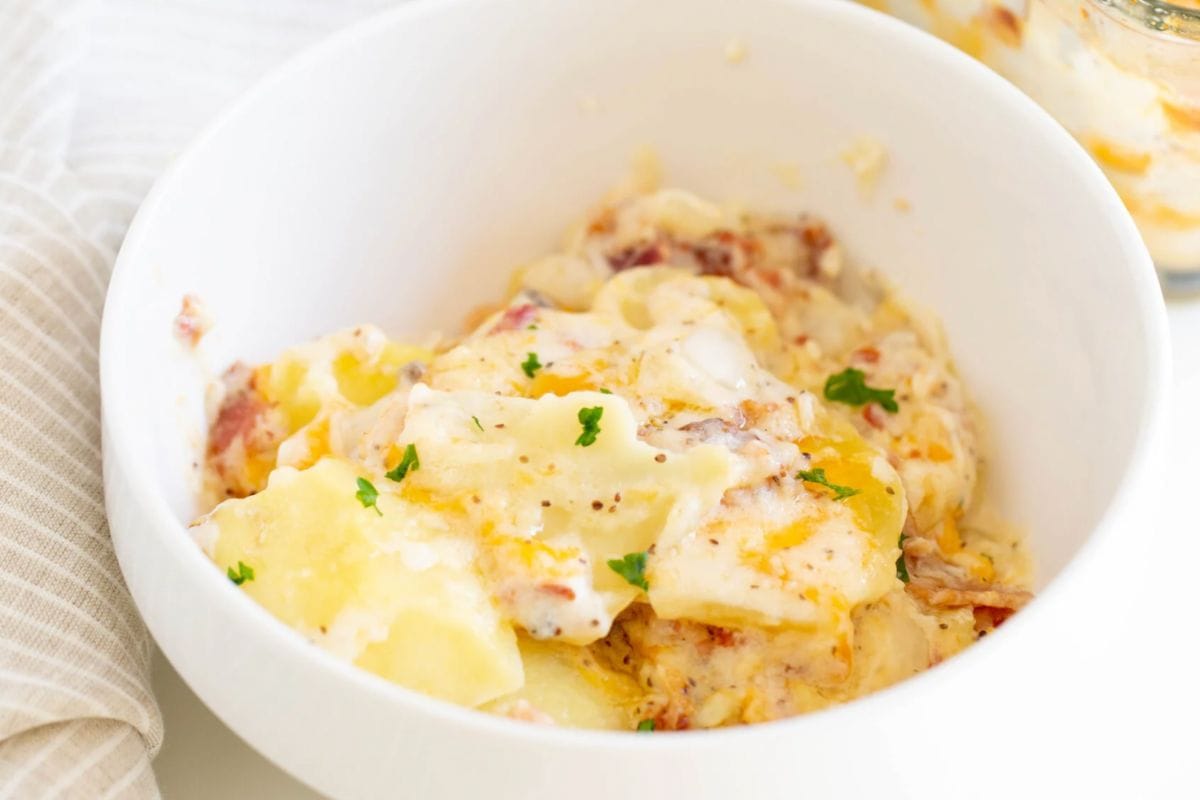 Scalloped potatoes in a bowl. 