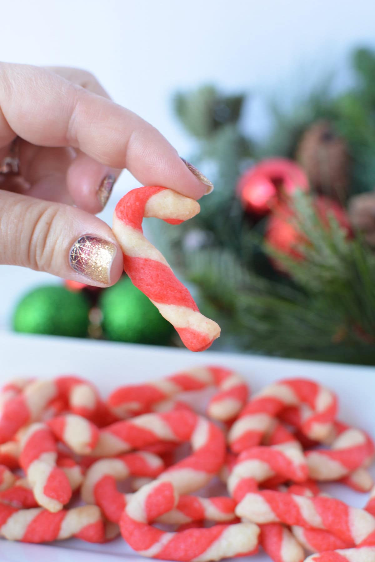 a hand holding a candy cane shortbread cookie