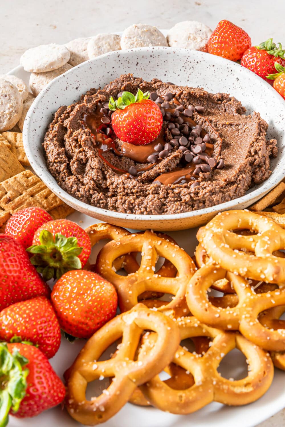 Bowl of dark chocolate hummus on a plate with pretzels, strawberries, and other dippers. 