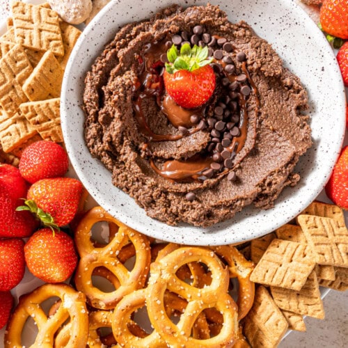 Bowl of chocolate hummus surrounded by pretzels, strawberries, and tiny crackers.