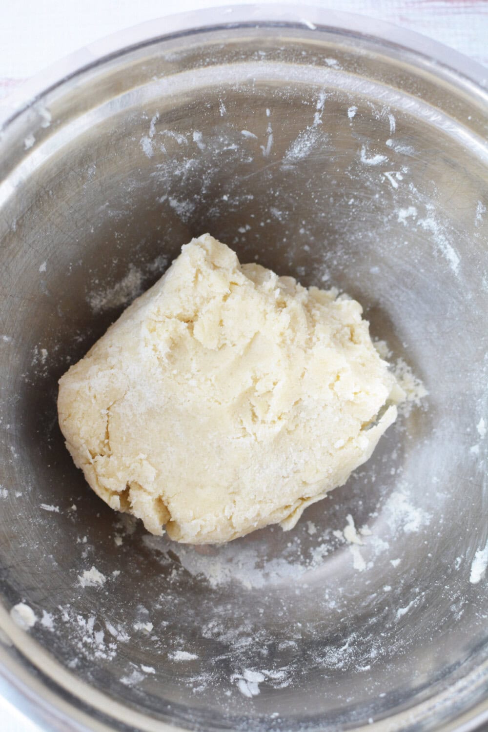 Shortbread dough in a mixing bowl