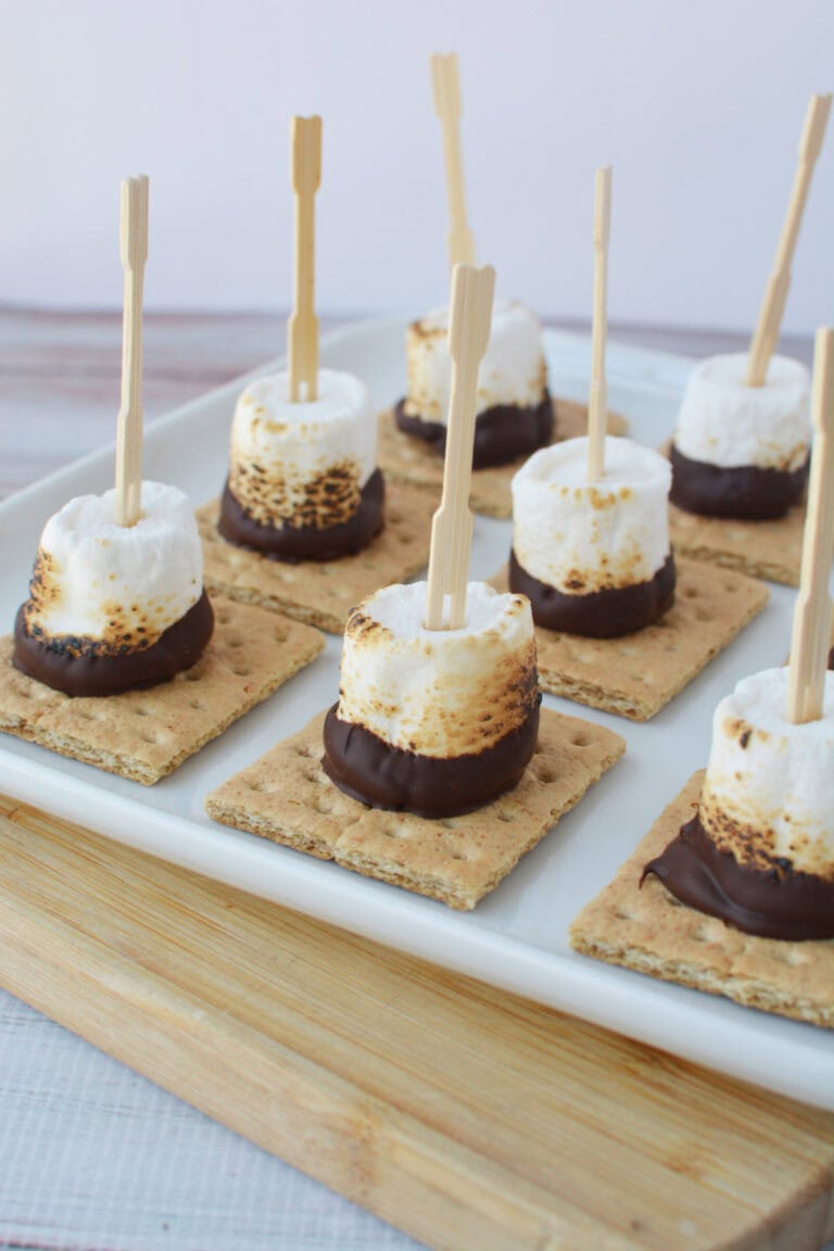 A plate of smores skewers on a tray