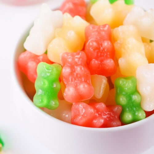 Frozen gummy bears in a bowl.