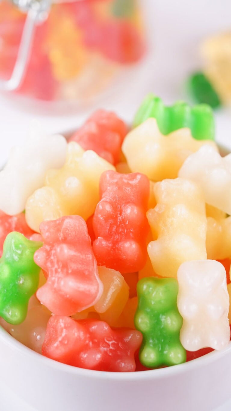 Frozen gummy bears in a bowl.