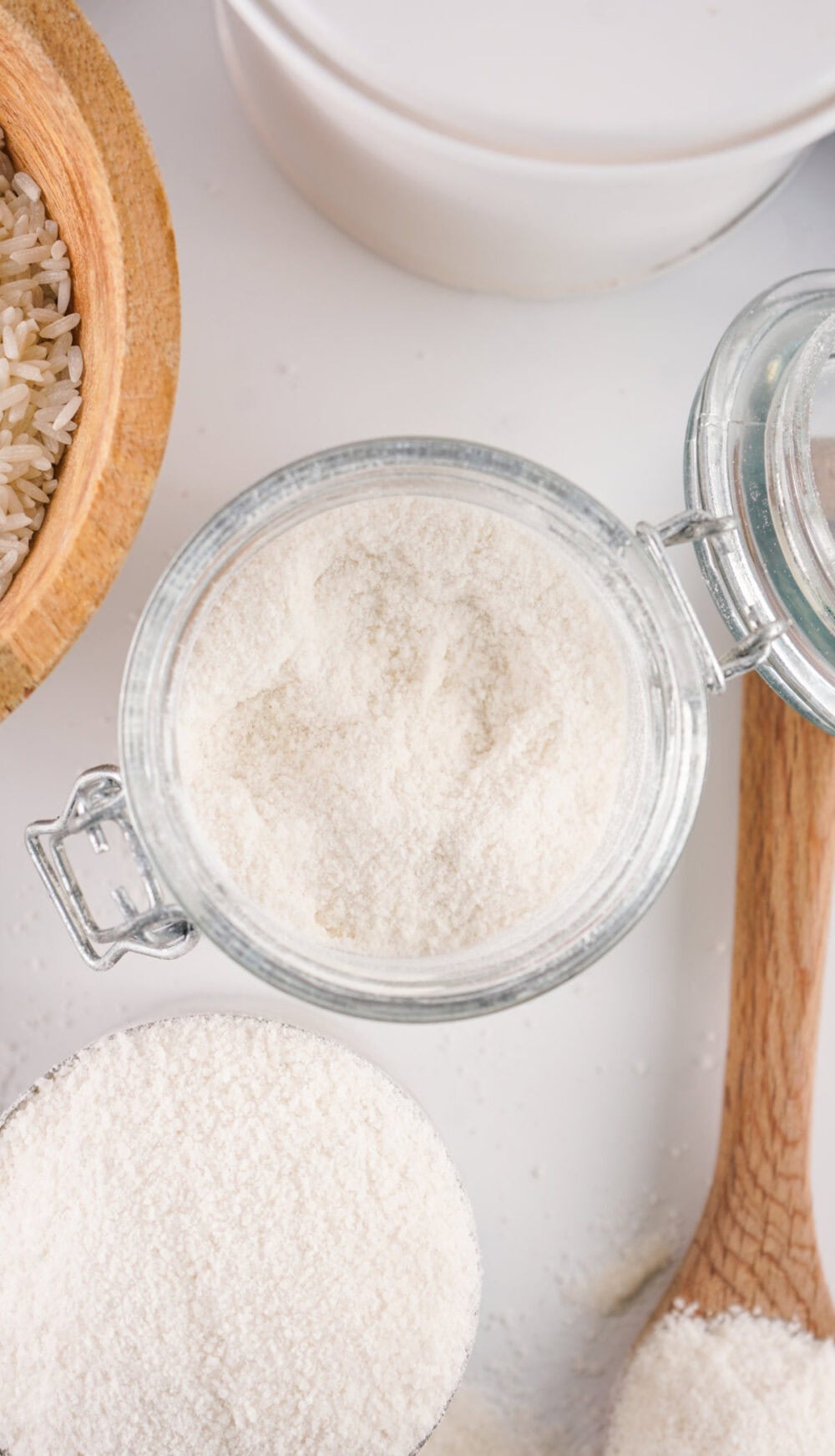 Homemade rice flour in a container.