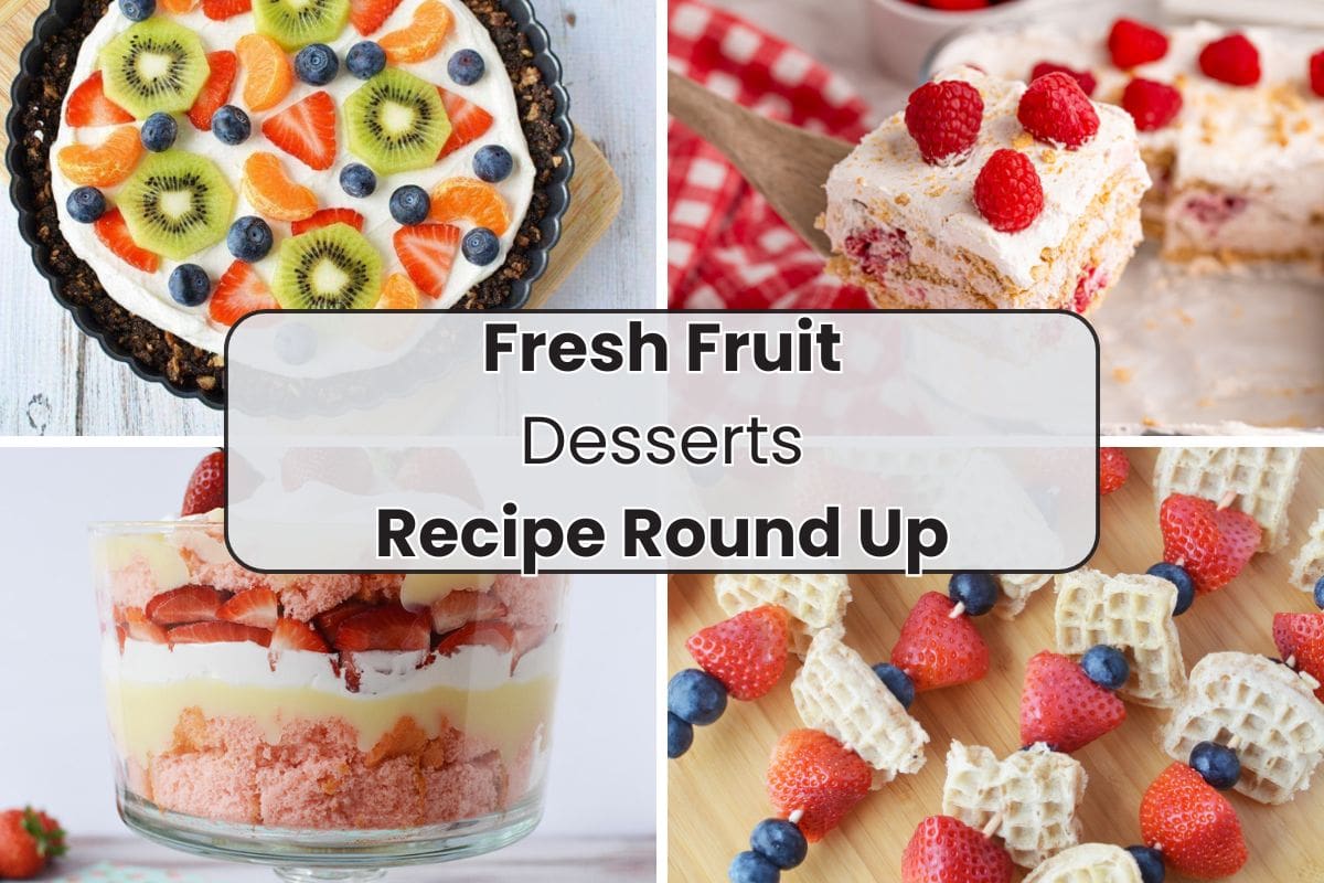 Four images of fresh fruit desserts