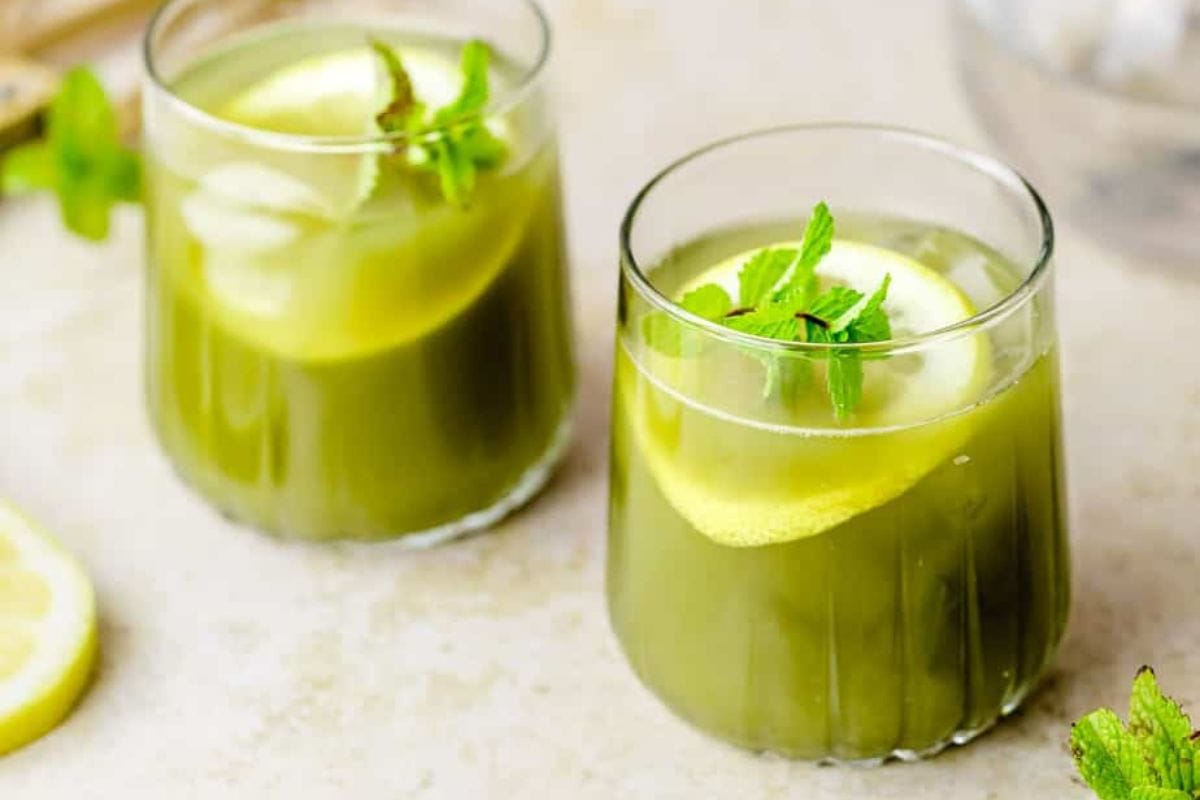 Two glasses of matcha lemonade.