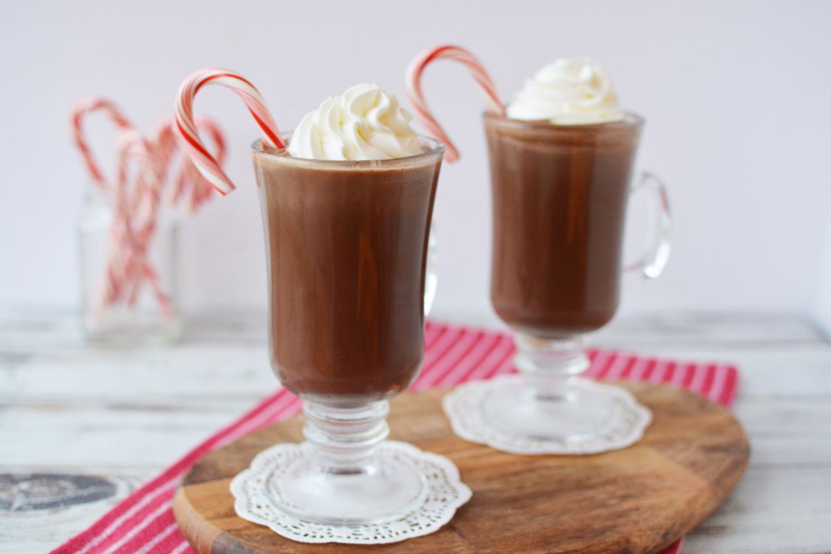 Two glasses of peppermint mocha drinks.