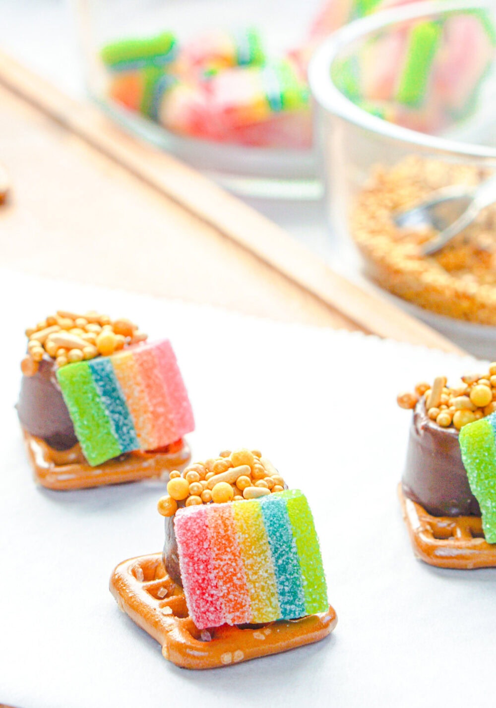 Rainbow and pot of gold pretzel candy.