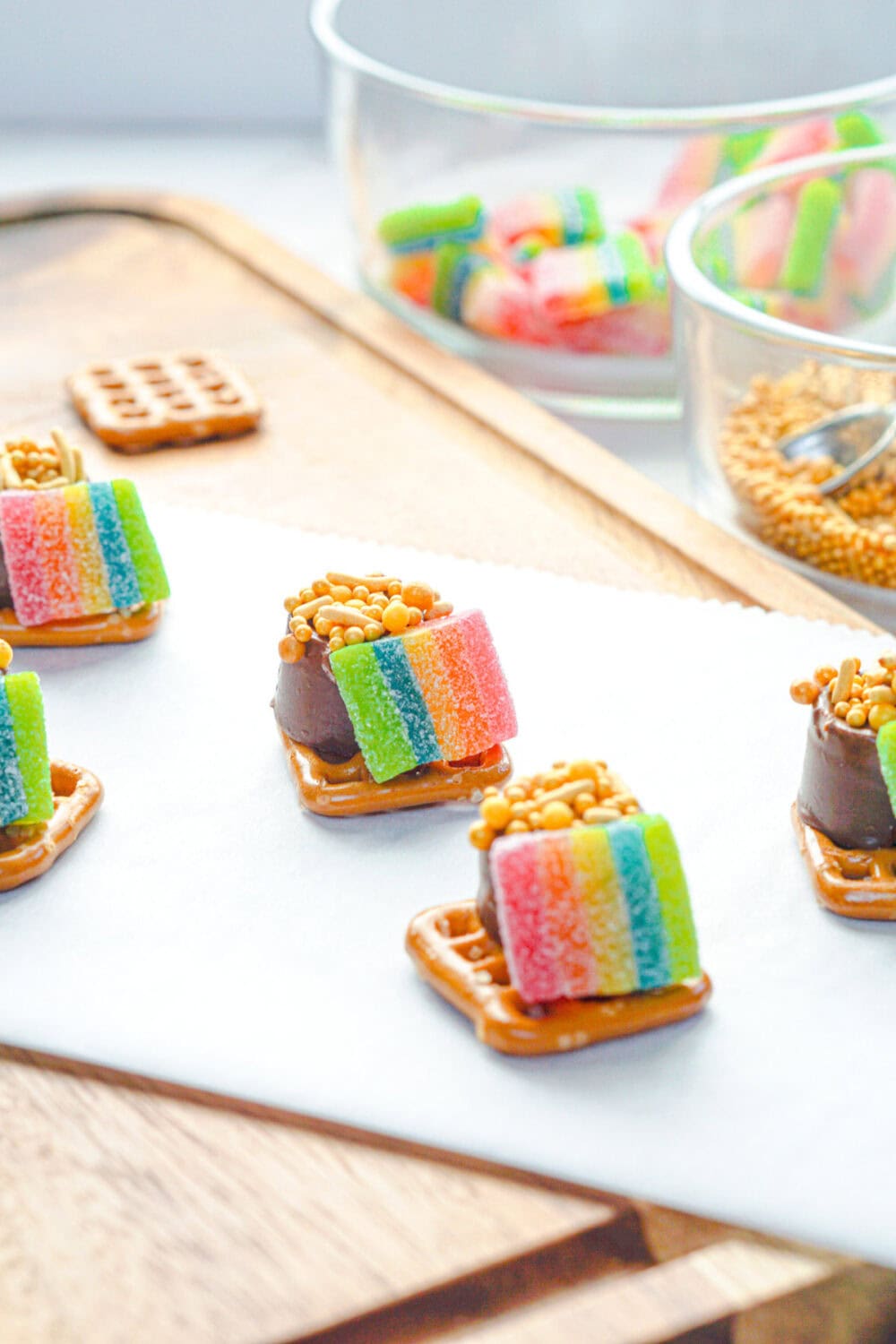 Pot of gold St. Patrick's day candy on a board.