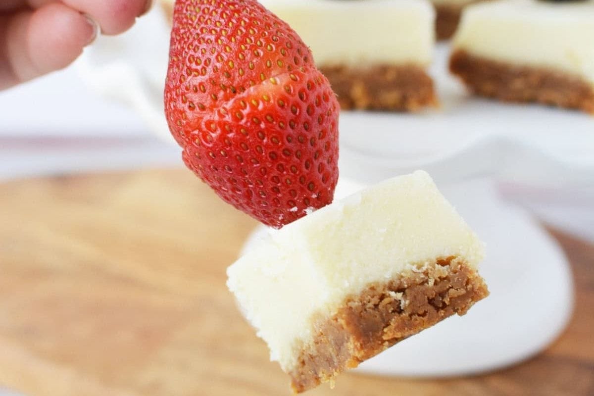 cheesecake and strawberries on a skewer