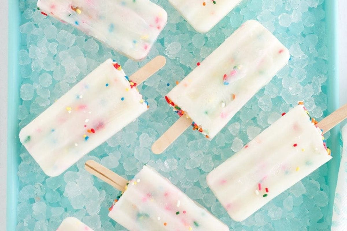 Birthday cake batter popsicles on ice