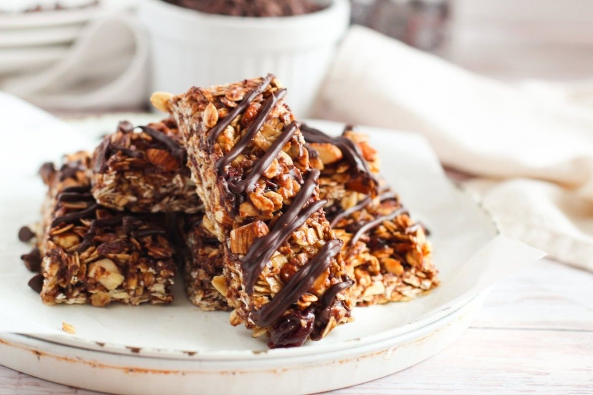 chocolate granola bars on a plate