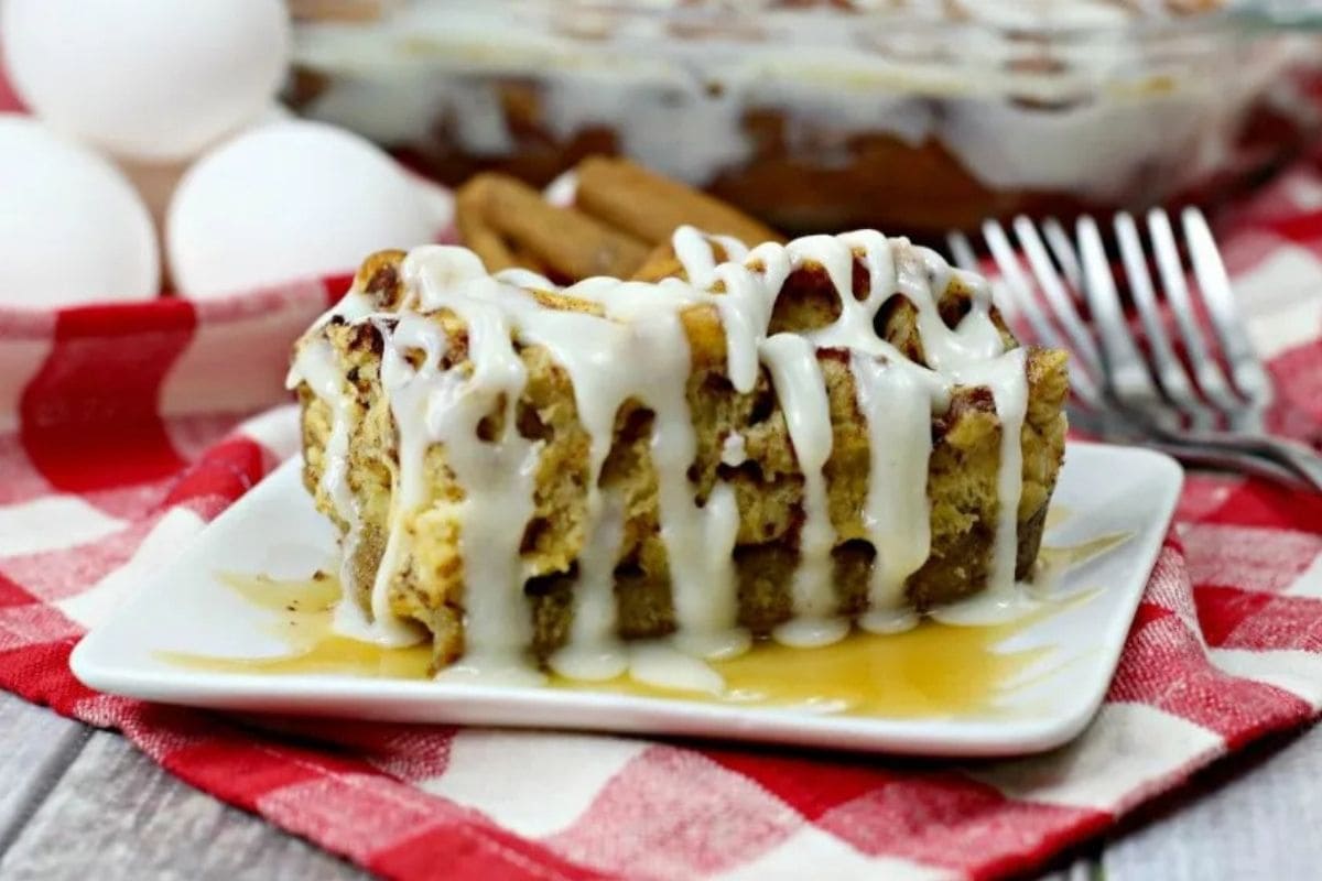cinnamon roll French toast casserole on a plate