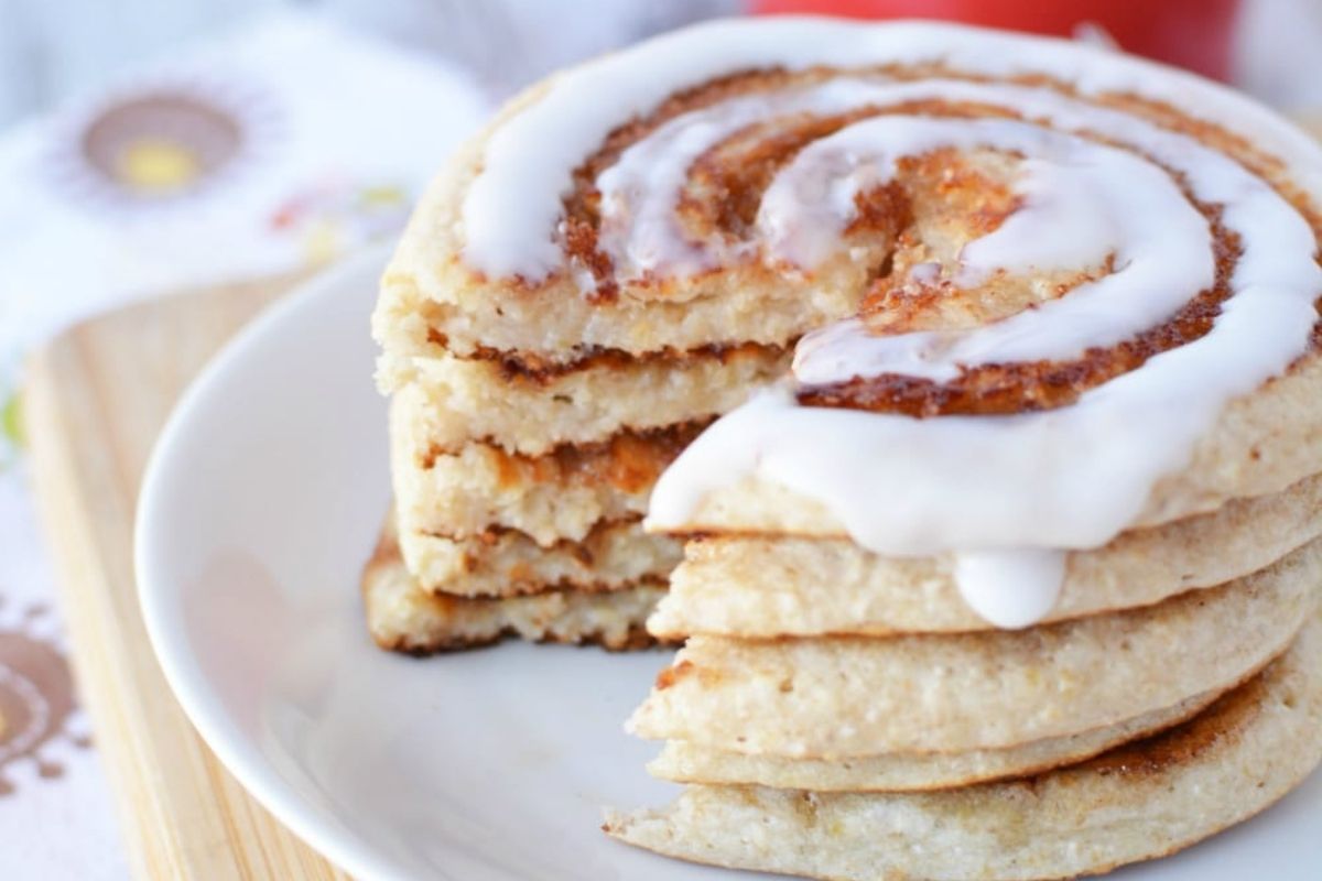 stacked pancakes with a cinnamon roll swirl