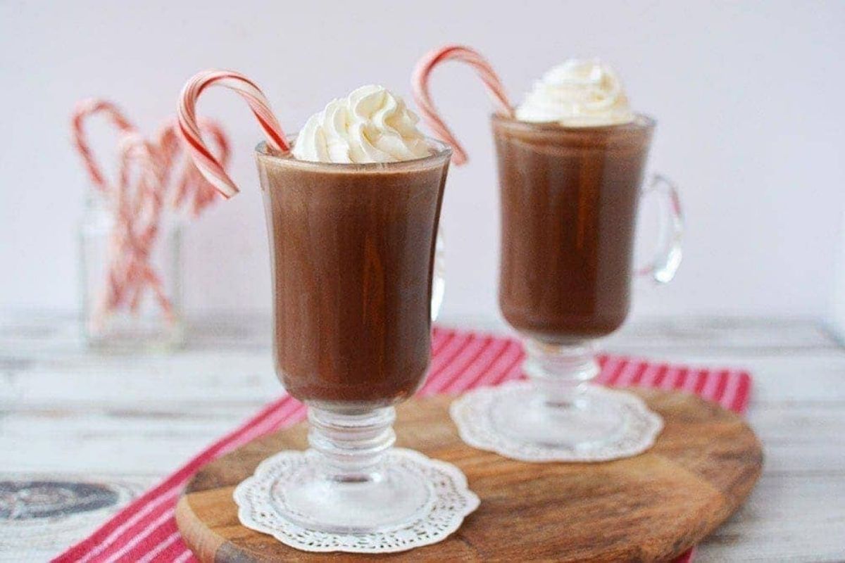 two peppermint mocha drinks with candy canes