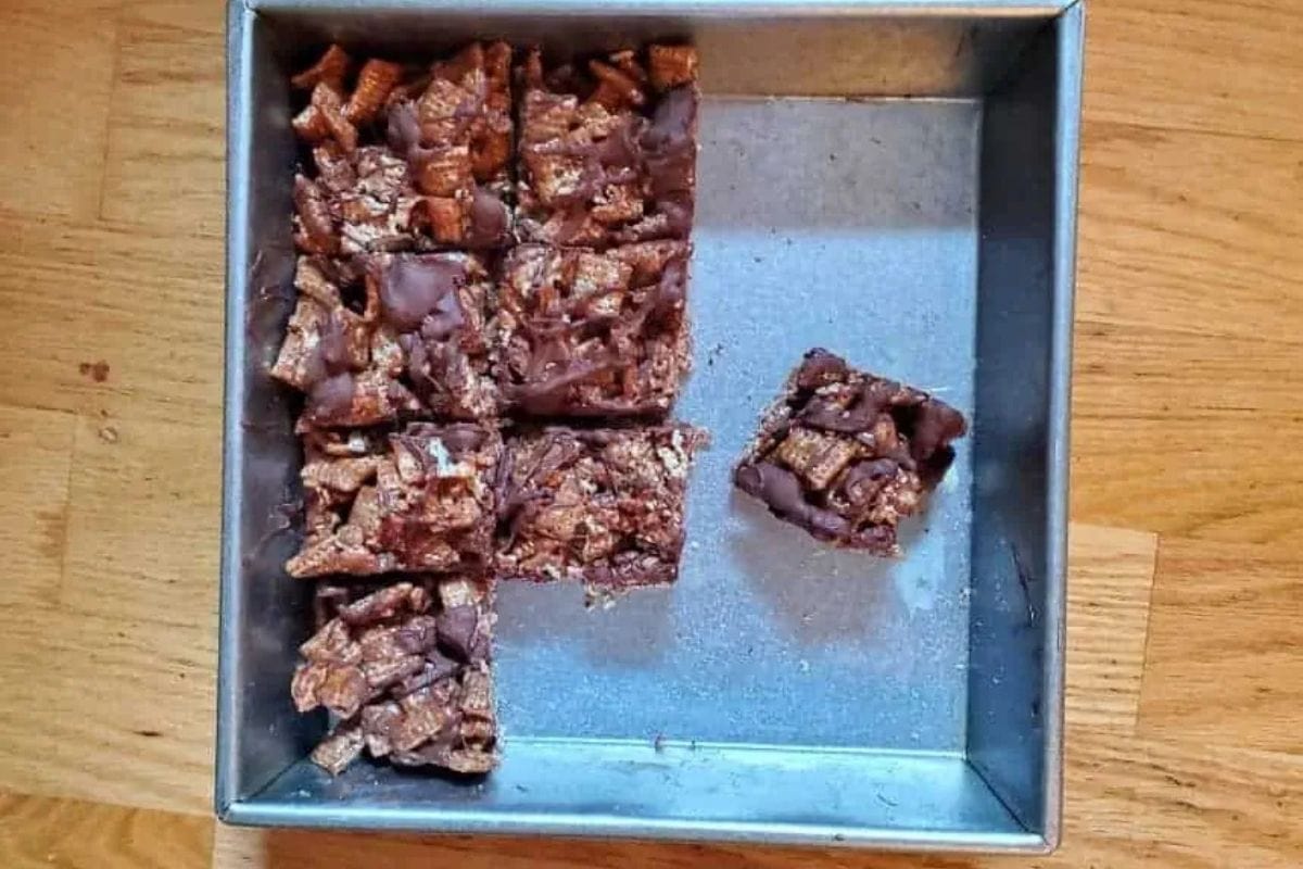 chocolate mint cereal bars in a pan